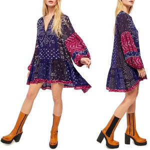 Free People Puff Sleeve Boho Flowy Tunic Mini Dress